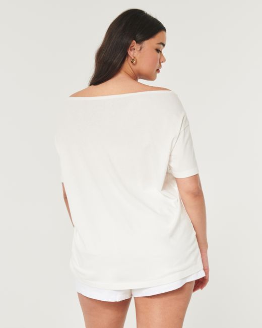Hollister White Oversized Off-the-shoulder Montauk Graphic Tee