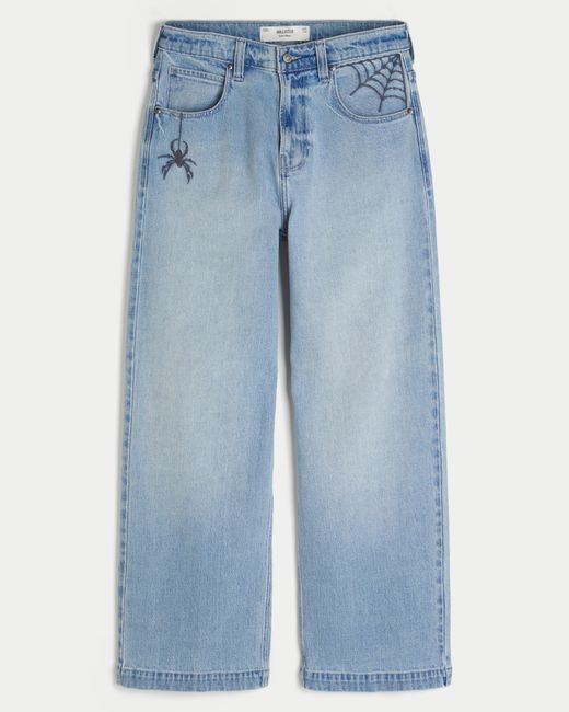 Hollister Blue Light Wash Spider Embroidery Super Baggy Jeans for men