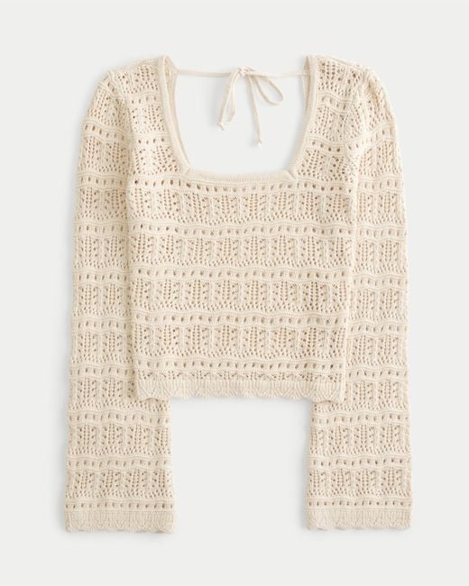 Hollister Natural Long-sleeve Square-neck Crochet-style Sweater
