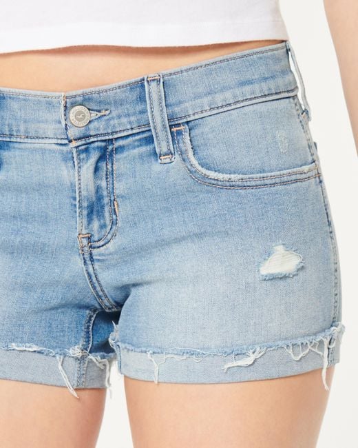 Hollister Blue Low Rise Jeans-Shorts; helle Waschung in Distressed-Optik
