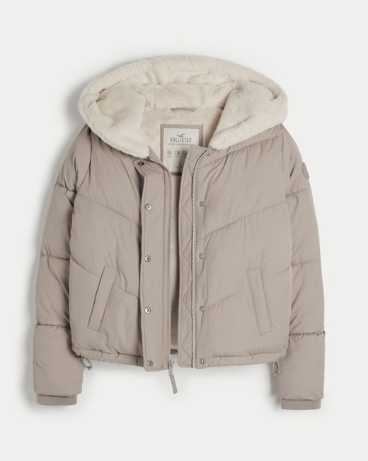 Hollister Gray Ultimate Faux Fur-lined Hooded Puffer Jacket