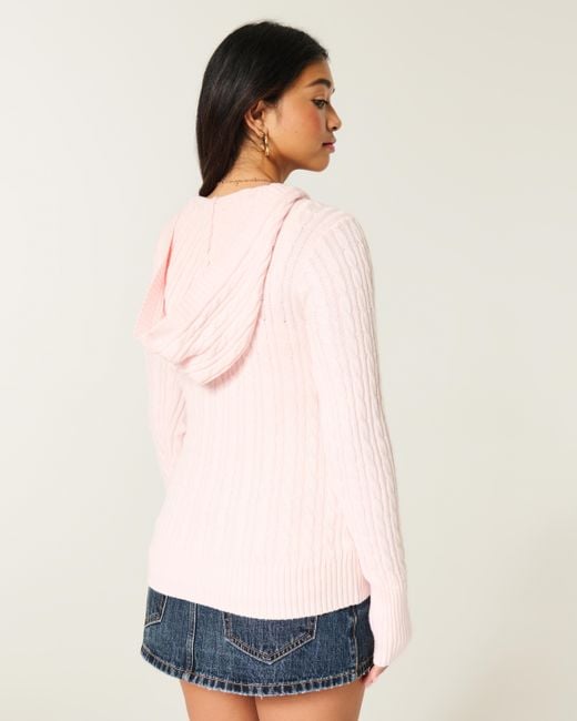 Hollister Pink Cable-knit V-neck Hoodie Sweater