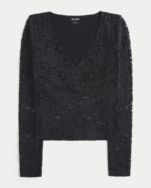 Hollister Black Lace Long-sleeve Wrap-front Top