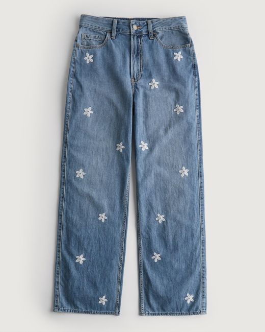 Hollister Blue Ultra High-rise Medium Wash Floral Embroidery Baggy Jeans