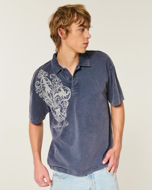 Hollister Blue Boxy Heavyweight Cotton Graphic Polo for men
