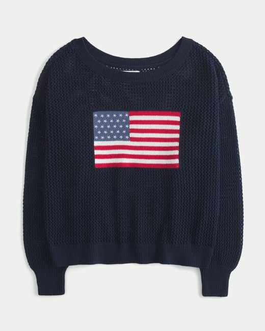 Hollister Blue Easy Off-the-shoulder Stitchy American Flag Graphic Sweater