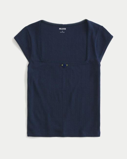Hollister Blue Pointelle-Oberteil mit eckigem Ausschnitt