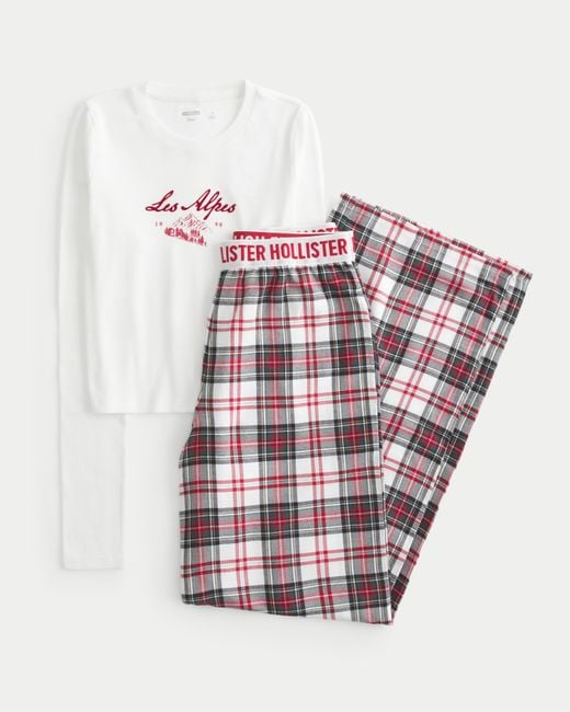 Hollister Pink Long-sleeve Graphic Tee & Flannel Pajama Pants Set