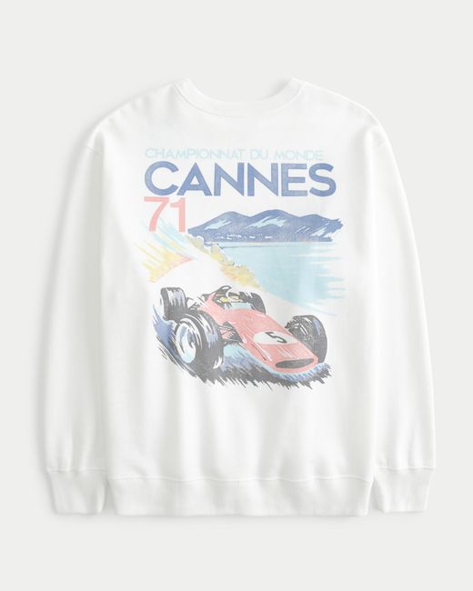 Hollister White Oversized Cannes Racing Graphic Crew Sweatshirt