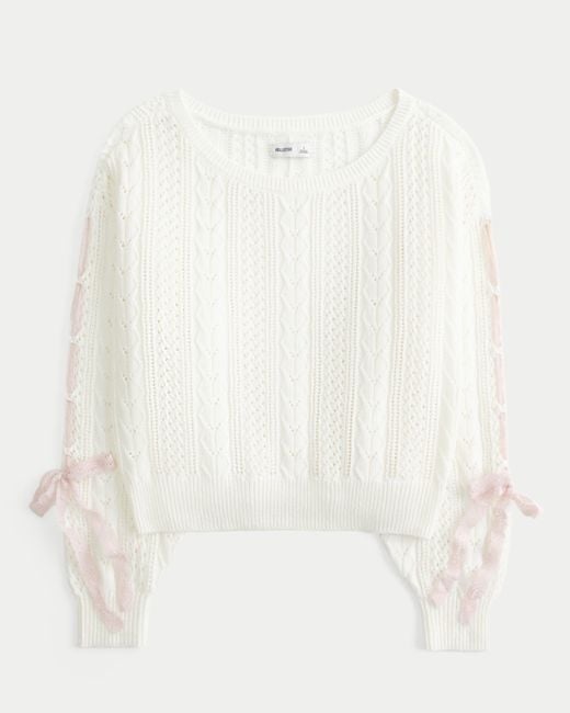 Hollister White Bow-sleeve Cable-knit Sweater