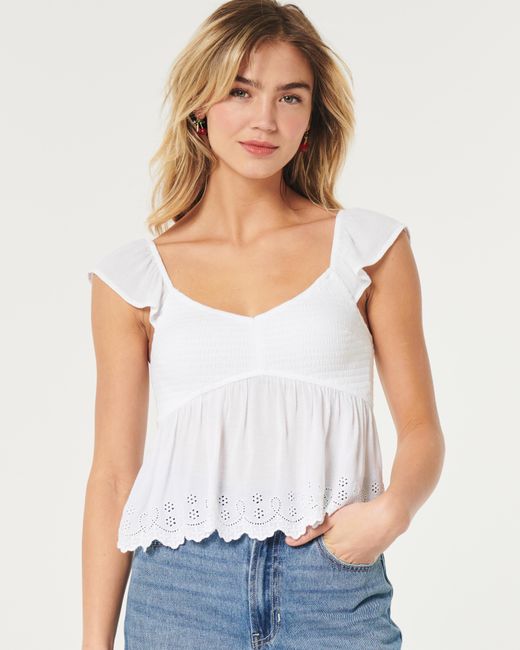 Hollister White Easy Smocked Babydoll Top