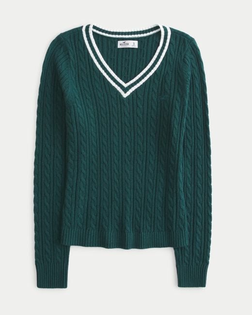 Hollister Green Cable-knit Icon V-neck Sweater