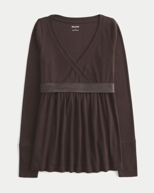 Hollister Brown Easy Long-sleeve Wrap-front Babydoll Top