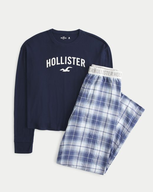 Hollister Blue Long-sleeve Logo Graphic Tee & Wide-leg Flannel Pajama Pants Set