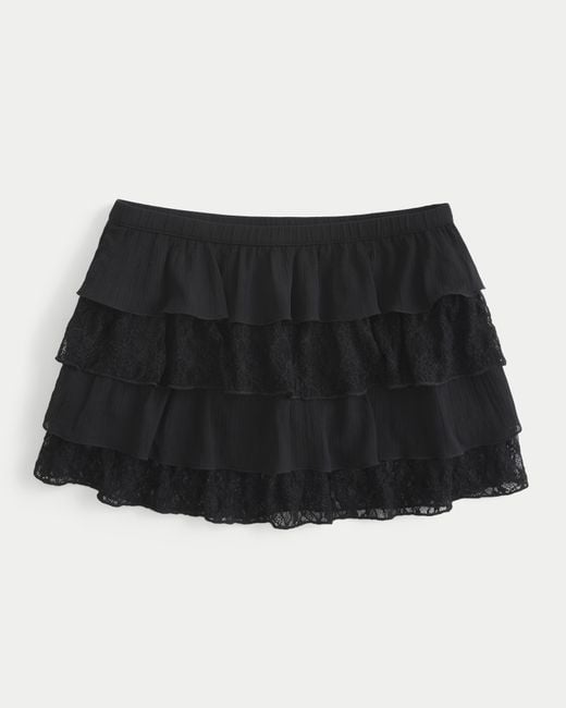 Hollister Black Lace-chiffon Tiered Mini Skort