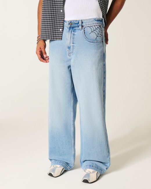 Hollister Blue Light Wash Spider Graphic Super Baggy Jeans for men