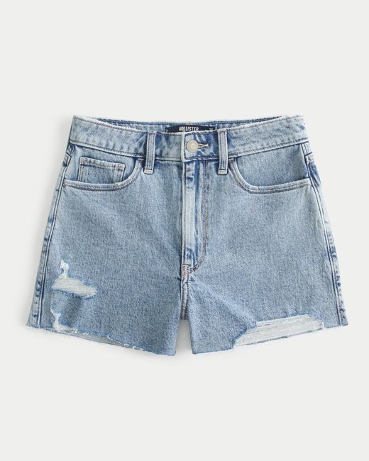 Hollister Blue Ultra High Rise Mom-Jeans-Shorts in Acid-Waschung, Distressed-Optik