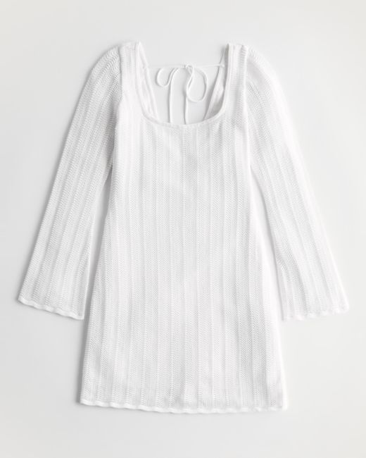 Hollister White Long-sleeve Crochet Short Dress