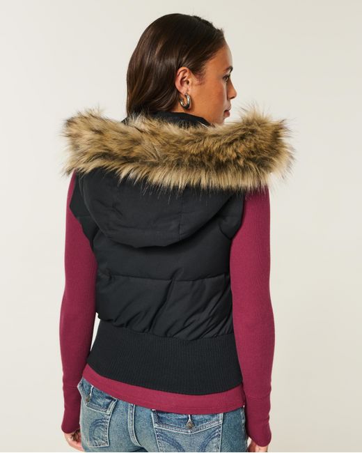 Hollister Black Faux Fur Trim Hooded Y2k Vest