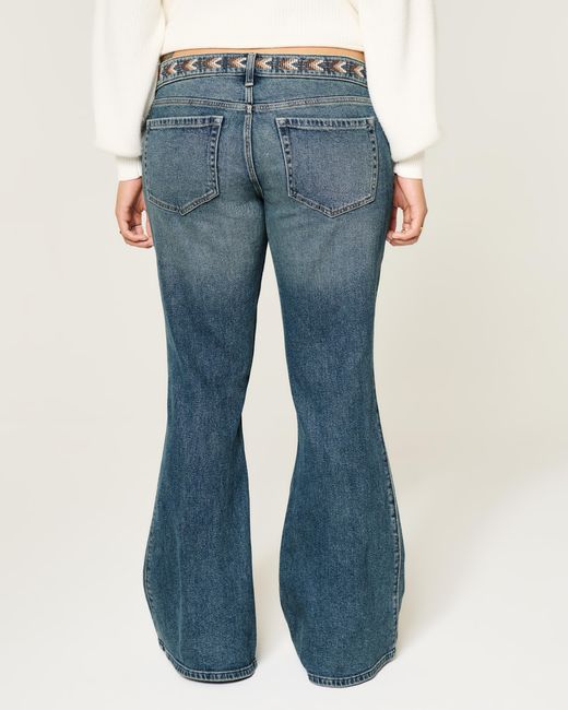 Hollister Blue Ultra Low-rise Medium Wash Embroidered Flare Jeans