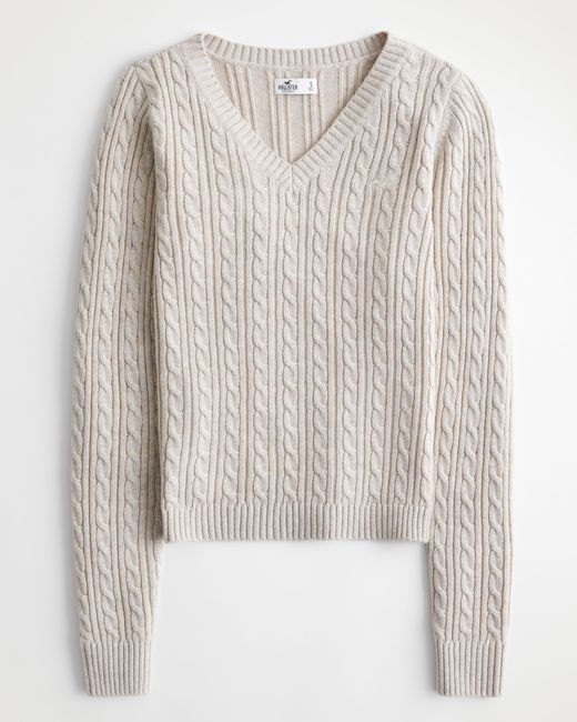 Hollister White Cable-knit V-neck Sweater