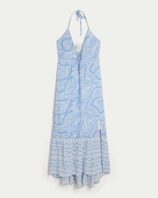 Hollister Blue Asymmetrical Hem Halter Maxi Dress