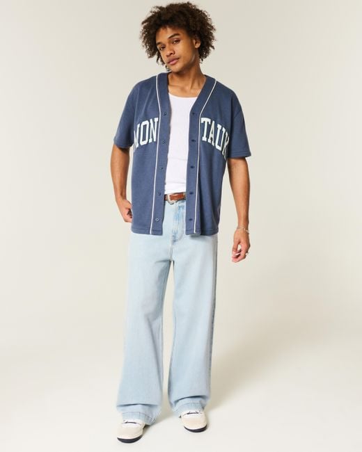 Hollister Blue Light Wash New York Graphic Super Baggy Jeans for men