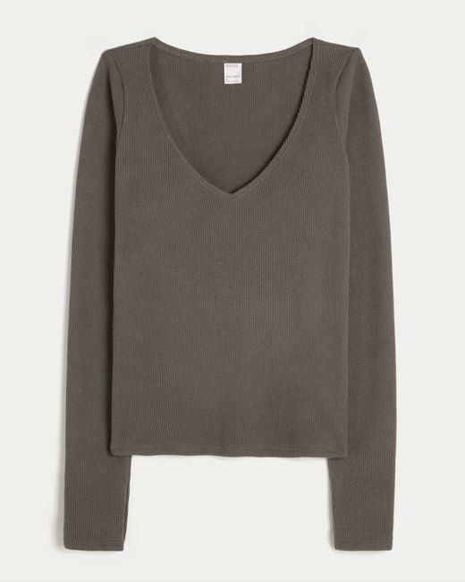 Hollister Brown Gilly Hicks Always Cozy Waffle V-neck Long-sleeve Top