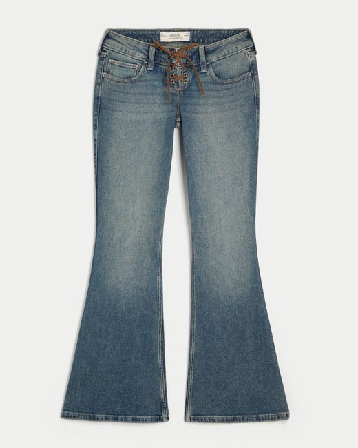 Hollister Blue Ultra Low-rise Dark Wash Lace-up Flare Jeans