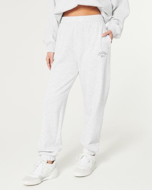 Hollister White Fleece Chicago Graphic Dad Joggers