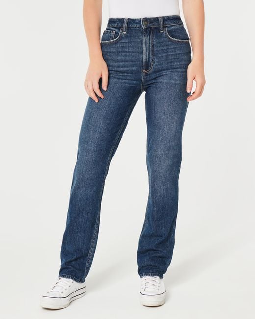 Hollister Blue Ultra High Rise Straight Jeans in dunkler Waschung im Stil der 90er Jahre