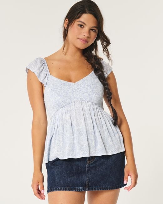 Hollister Blue Easy Flutter Sleeve Babydoll Top