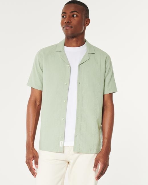 Hollister Green Short-sleeve Button-through Seersucker Shirt for men
