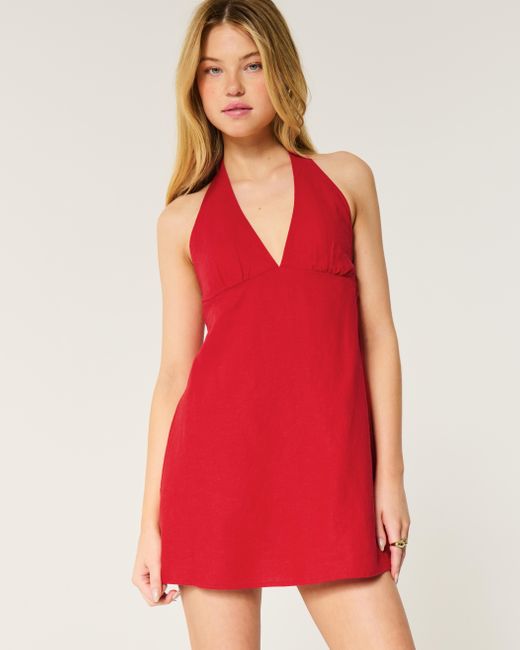 Hollister Red Open Back Linen-blend Halter Dress