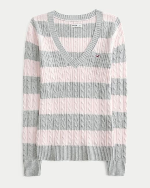Hollister Gray Cable-knit V-neck Icon Sweater