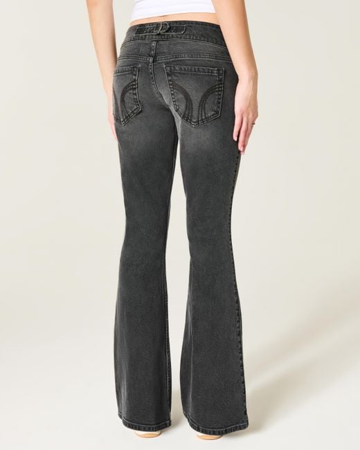 Hollister Adjustable Waist Ultra Low-rise Washed Black Back Buckle Flare Jeans