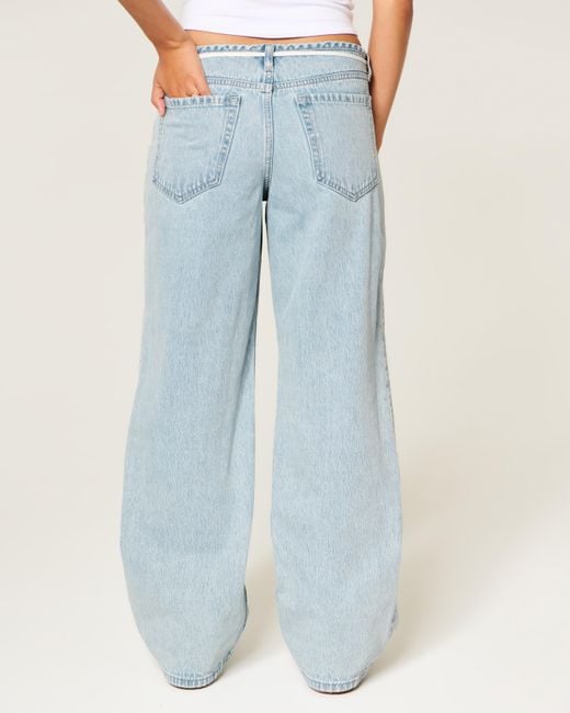 Hollister Blue Ultra Low-rise Mini Waistband Light Wash Tie Waist Baggy Jeans