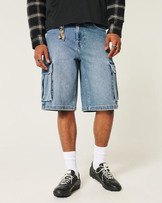 Hollister Blue Medium Wash Super Baggy Denim Cargo Shorts for men