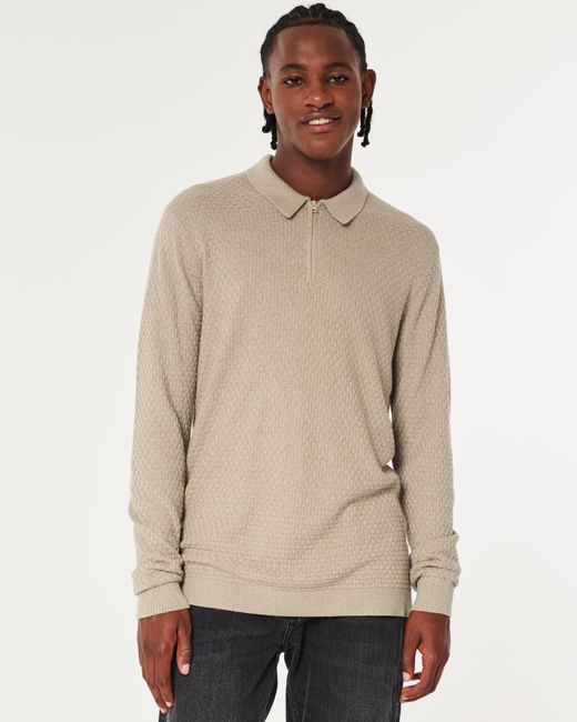 Hollister Natural Textured Long-sleeve Sweater Polo for men