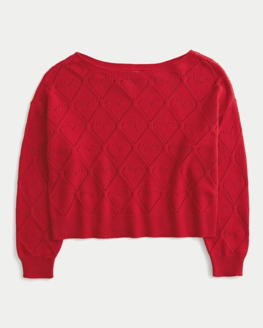 Hollister Red Easy Heart Pattern Off-the-shoulder Sweater