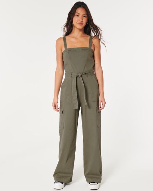 Hollister Twill Cargo Jumpsuit in Natural