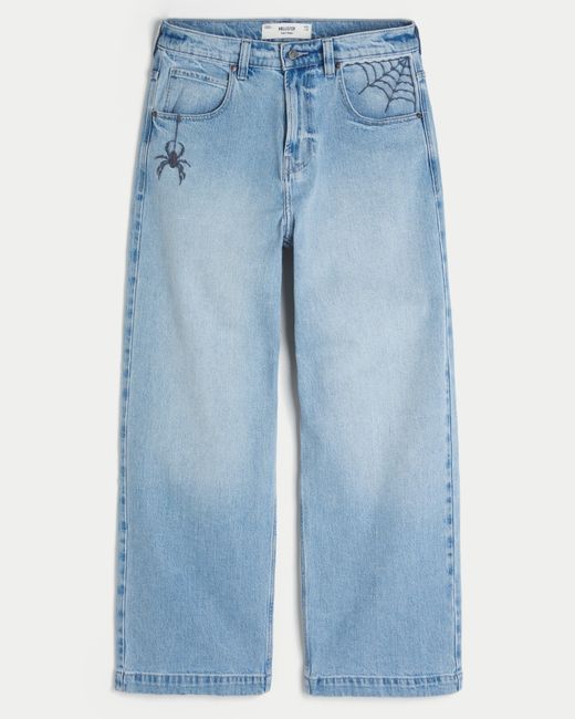 Hollister Blue Light Wash Spider Graphic Super Baggy Jeans for men