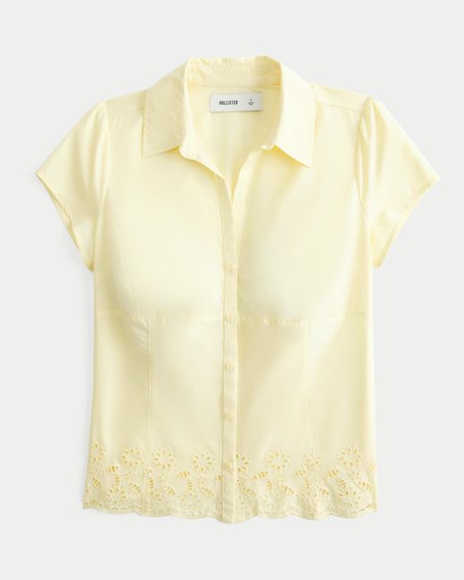 Hollister Yellow Stretch Poplin Embroidered Short-sleeve Shirt