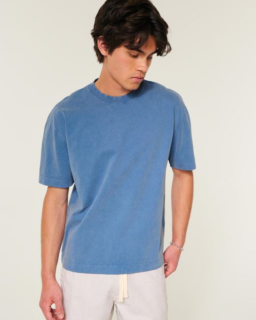 Hollister Blue Boxy Heavyweight Washed Cotton Crew T-shirt for men