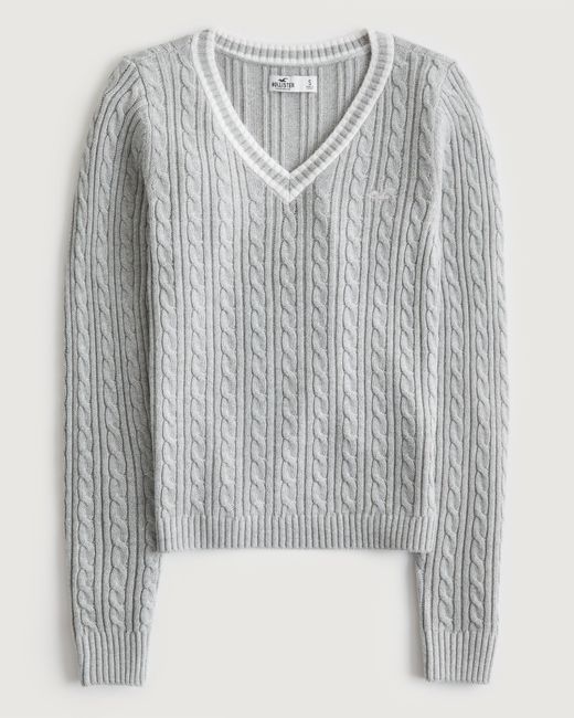 Hollister Gray Cable-knit V-neck Sweater