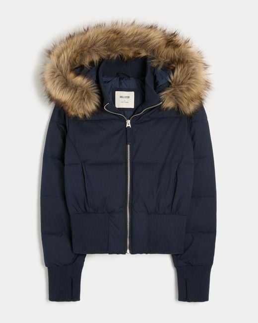 Hollister Blue Faux Fur Trim Puffer Bomber Jacket