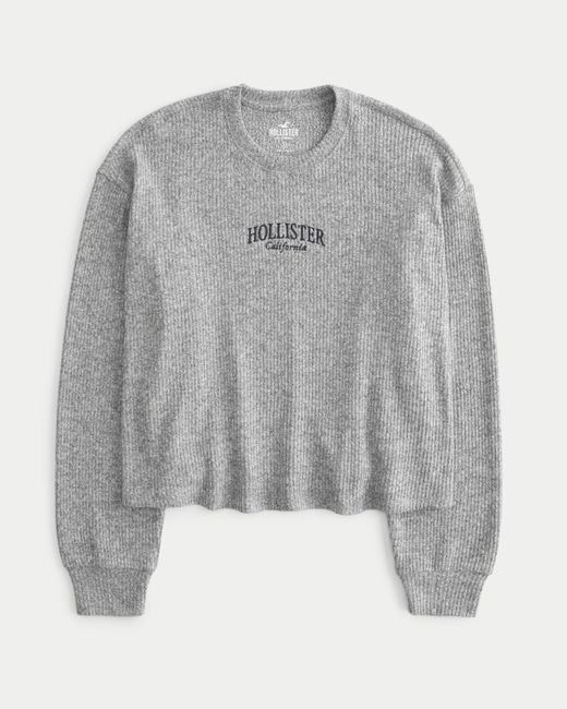 Hollister Gray Easy Cozy Ribbed Long-sleeve Logo Graphic Tee