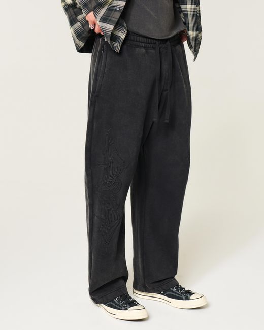 Hollister Black Hollister Feel Good Flame Embroidery Baggy Sweatpants for men