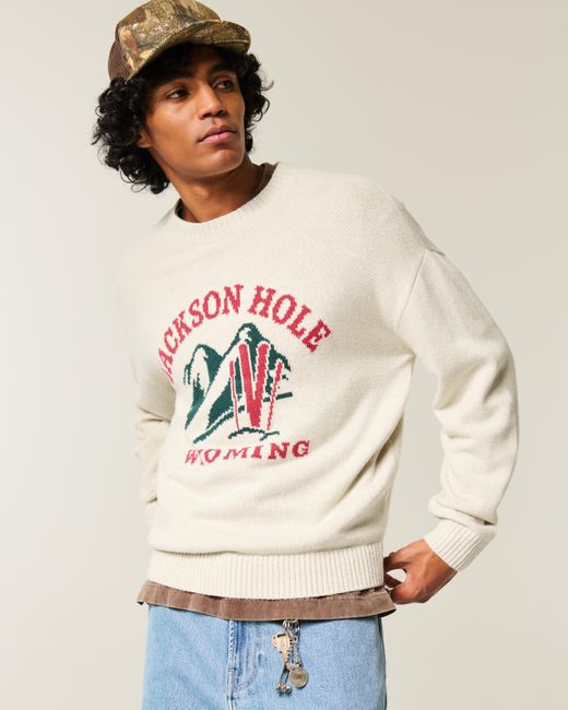 Hollister White Boxy Jackson Hole Graphic Crew Sweater for men