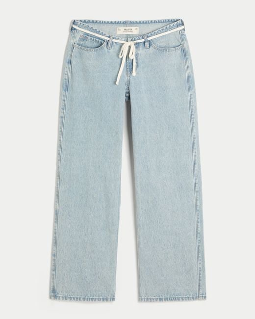 Hollister Blue Ultra Low-rise Mini Waistband Light Wash Tie Waist Baggy Jeans